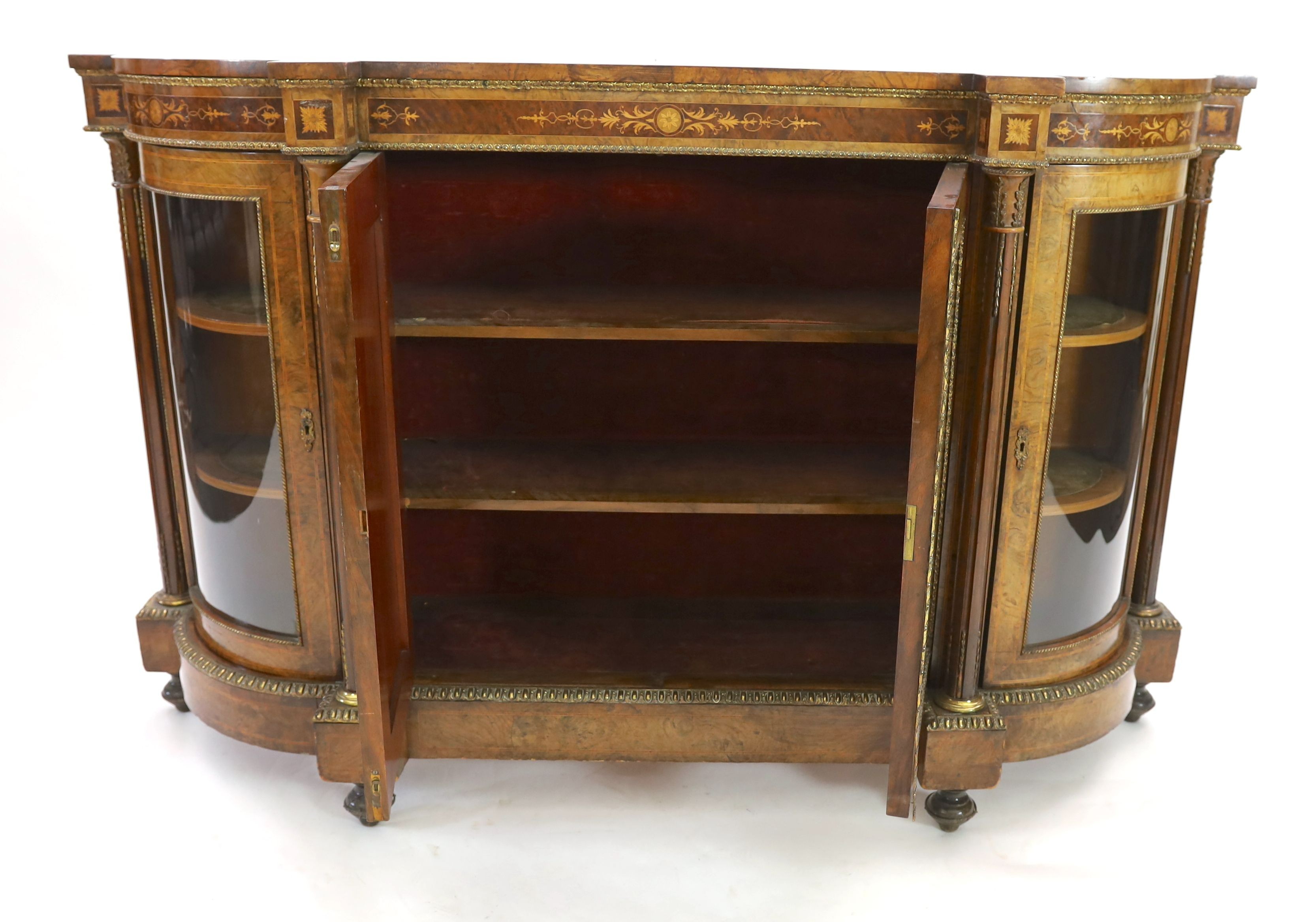 A Victorian walnut and marquetry side cabinet, W.177cm D.43cm H.112cm